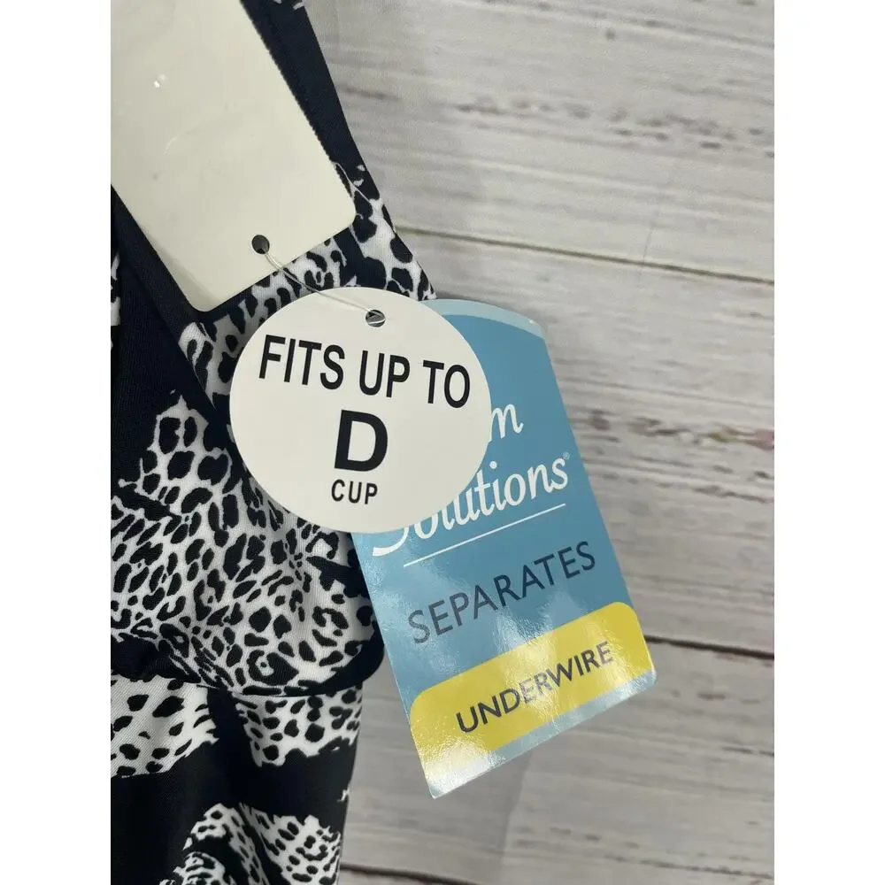 Swim Solutions V Neck Tankini Top Women's Size 10 Black White Underwire D Cup